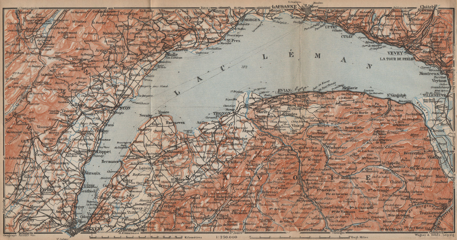 LAKE GENEVA/LAC LÉMAN. St Cergue Chatel St Jean d'Aulph Lausanne Evian 1907 map